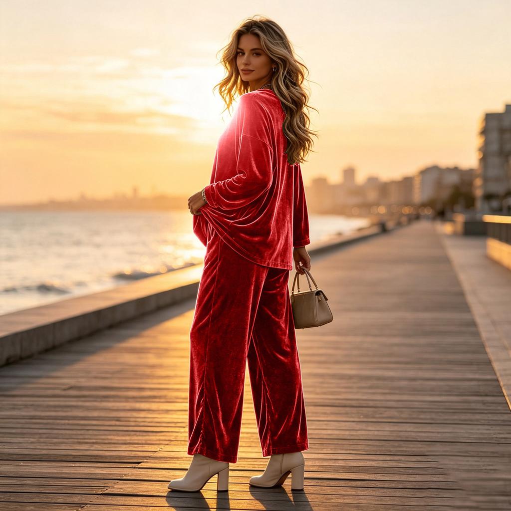 Women's Velvet Loungewear Set with Round Neck Pullover Top and Matching Pants - Casual Long Sleeve, Multi-Color Options