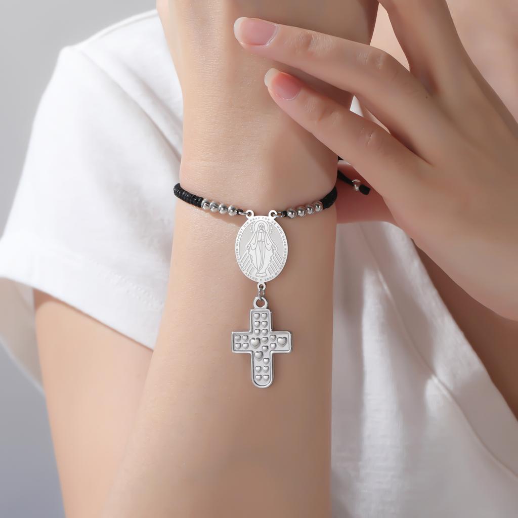 Teamer Saint Christopher Virgin Mary Emboss Heart Cross Pendant Beads Bracelet Stainless Steel Red Black Rope Chain Jewelry
