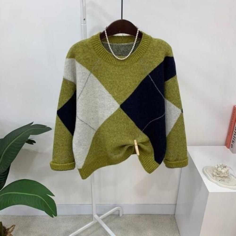 C S In The Room Mara Wool Argyle Pattern Round neCk Long Sleeve Knit 3 ColorS