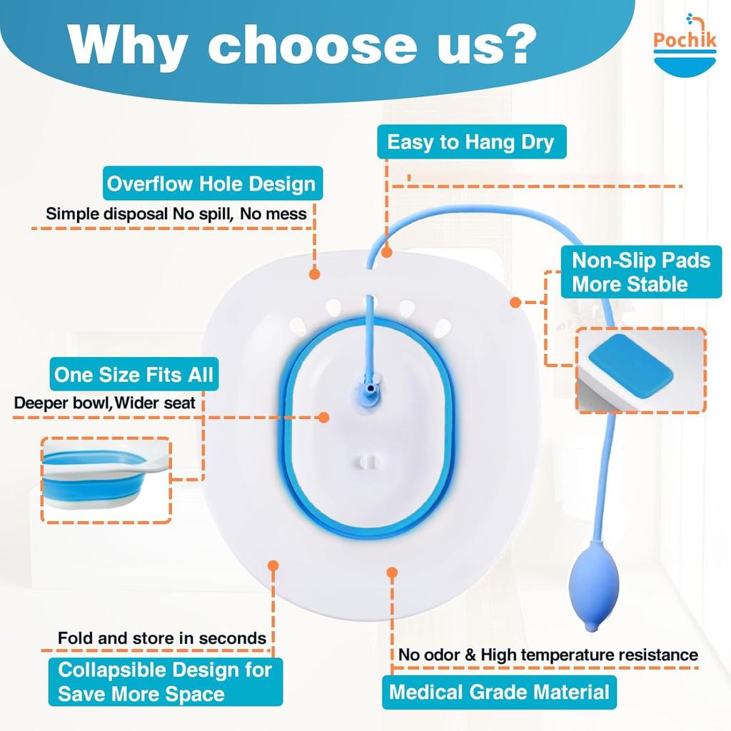 Pochik Sitz Bath for Toilet Seat Hemorrhoids and Postpartum Care, Yoni Steam Seat, Perineal Soaking, Collapsible, Flusher Hose, Drain Holes, Wider