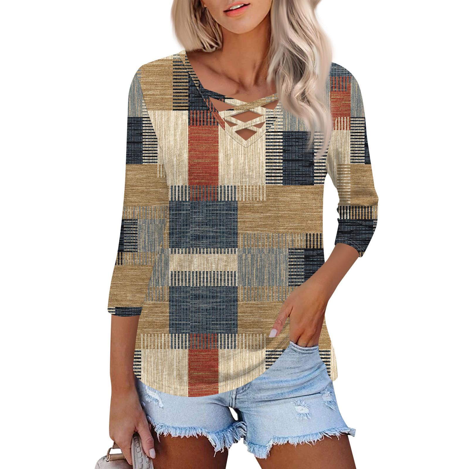 Women s Fashion Loose Cross V-Neck Seven Sleeve T-Shirt Splicing Printed Casual Top XXXL хаки