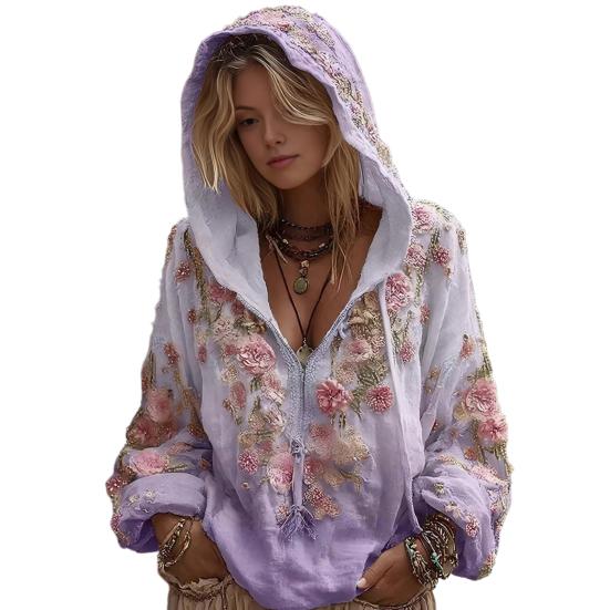 Women Tops 3D Flower Decor Hooded Zipper Sweatshirt Long Sleeve Loose Fit Autumn Winter Casual Sporty Outerwear