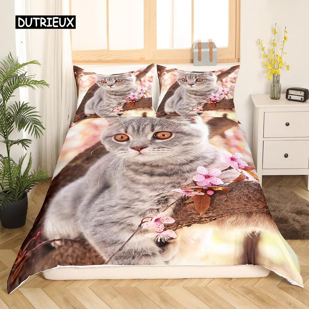 White Cat Flower King Queen Duvet Cover Kitten Bedding Set Pet Animal Polyester Quilt Cover Girls Pink Floral Comforter Cover