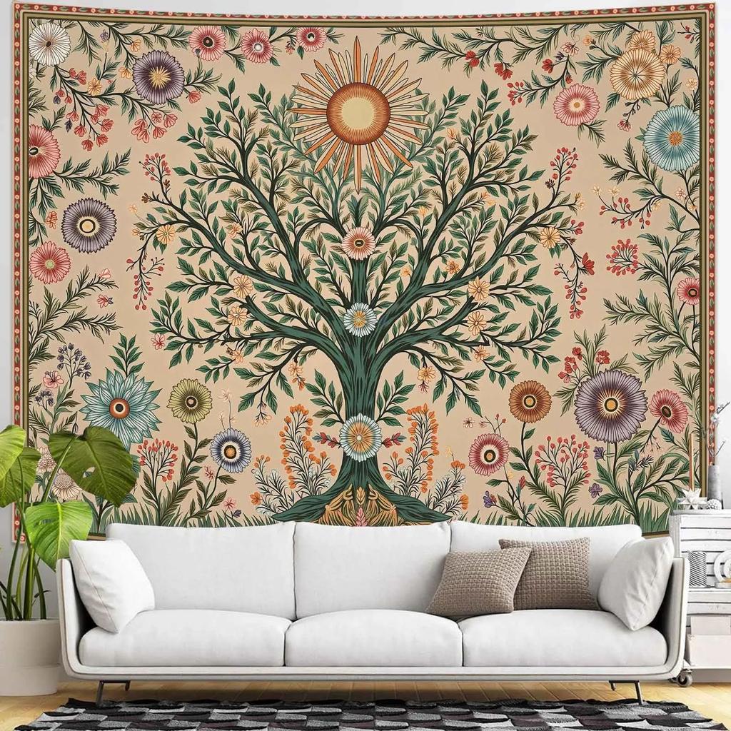 Stained Glass Tree of Life Tapestry Polyester Wall Hanging Colorful Plant Mosaic Art Room Decor for Living Room Bedroom Dorm