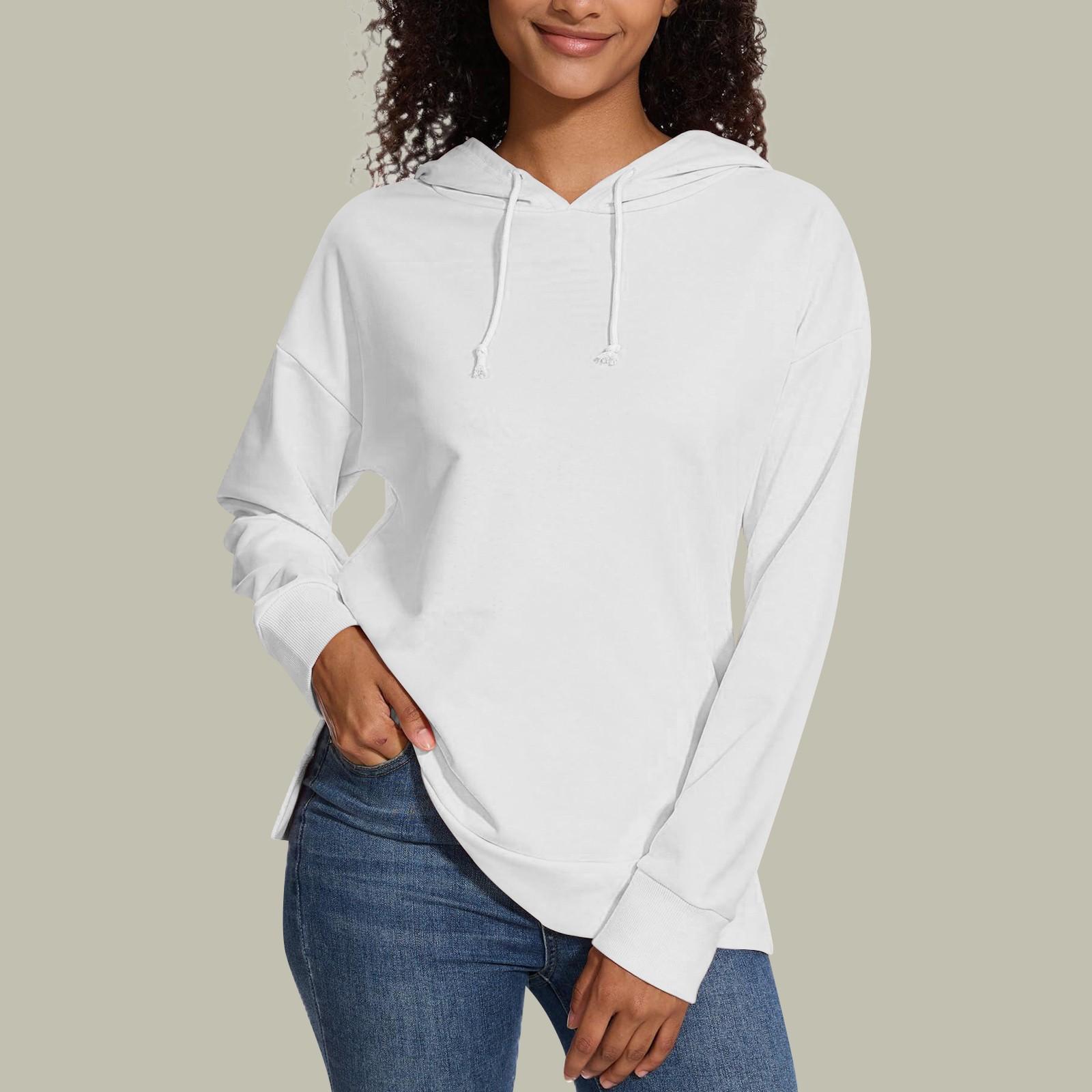 

Женская свободная толстовка с капюшоном, повседневная, с длинным рукавом, однотонная, с завязками, с боковыми разрезами, пуловер, топ L белый