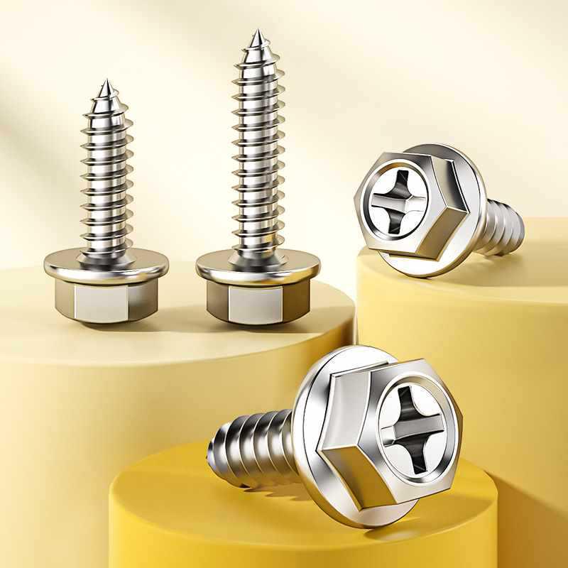 304 Stainless Steel Hex Head Self-Tapping Screw with Washer & Countersunk Tip for Wood - Sizes M3, M4, M5, M10
