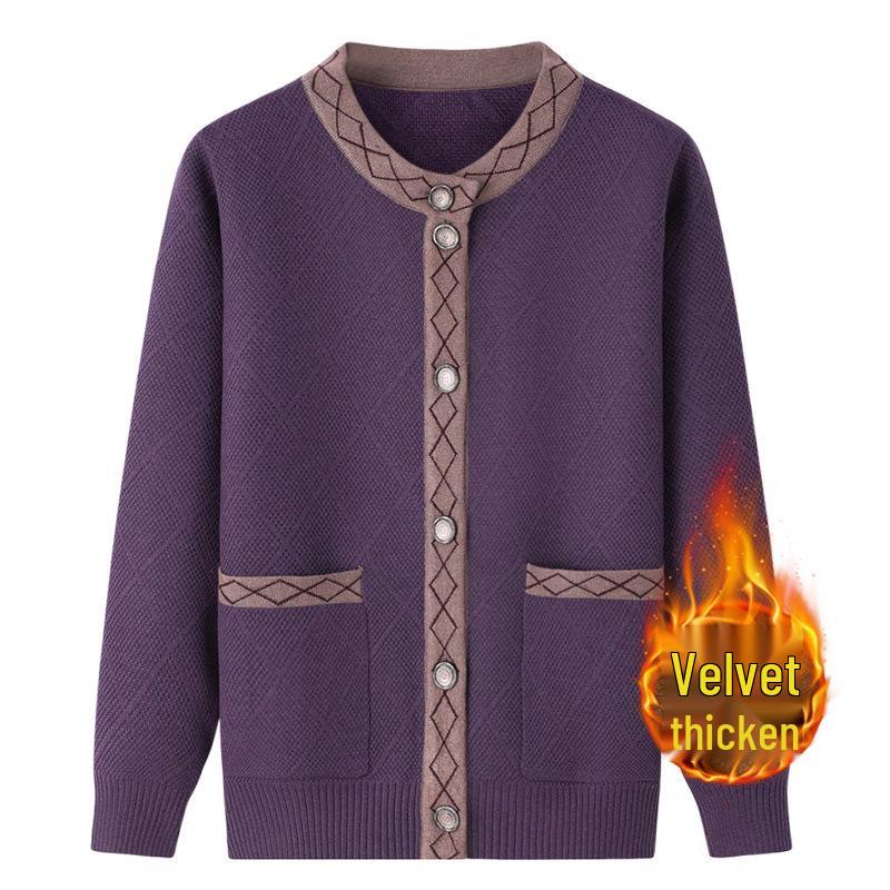 Women's Fleece-Lined Knitted Cardigan for Autumn/Winter - Ideal for Middle-Aged and Elderly.