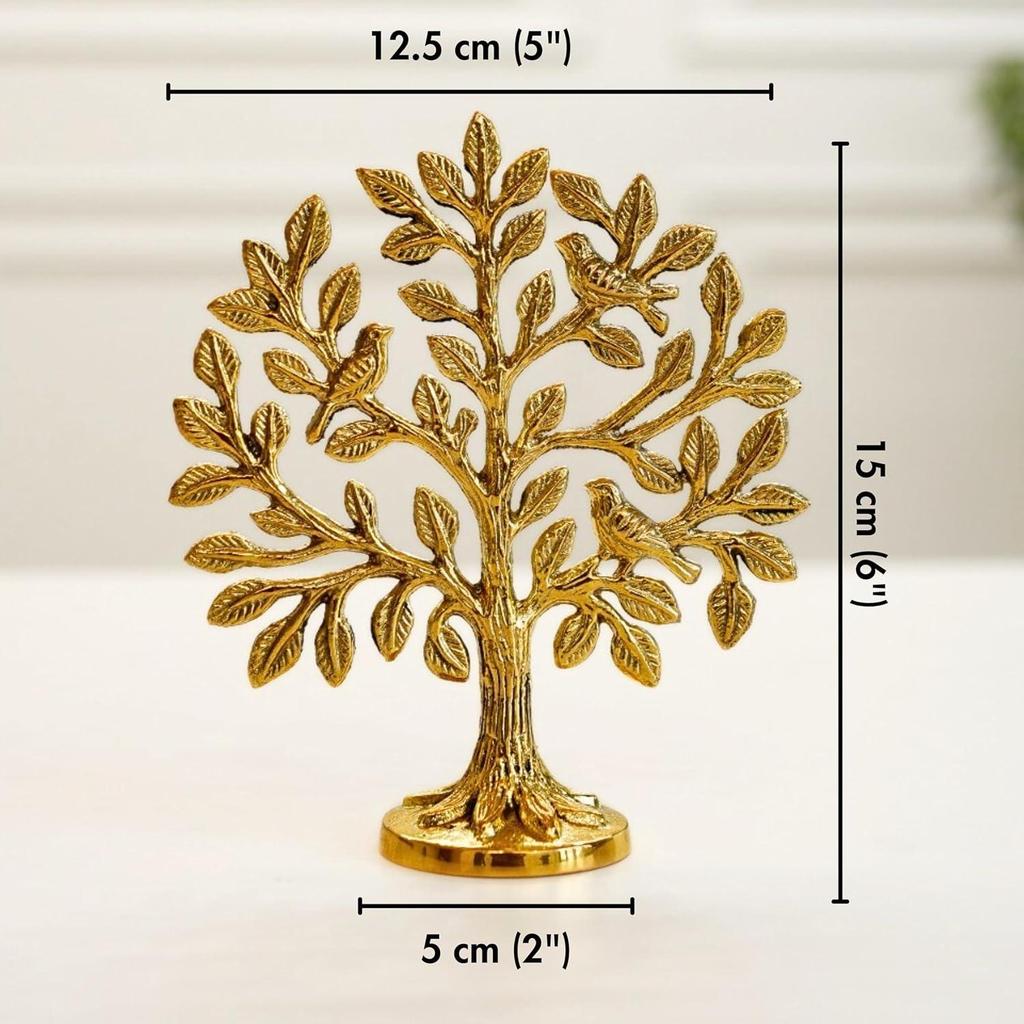 100% Pure Brass Kalpvriksh Tree with Birds | Kalpavriksha Tree of Life Showpiece for Table Decor (5.9 Inch) | Home & Puja Temple