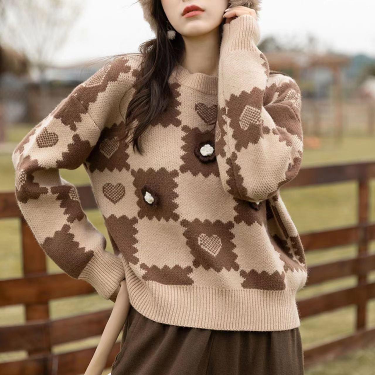 

Heart-shaped Knitted Sweater for Women s Autumn and Winter Loose Checkerboard Checkerboard Pullover Sweater S хакі