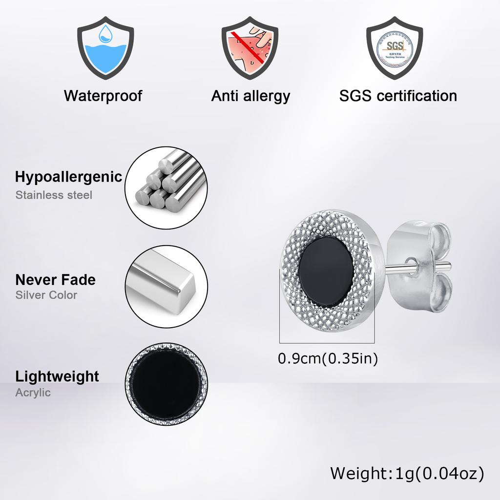 Vnox Black Small Round Acrylic Mens Boys Stud Earrings, Anti Allergy Stainless Steel Piercing Earrings Women Simple Tiny Brincos