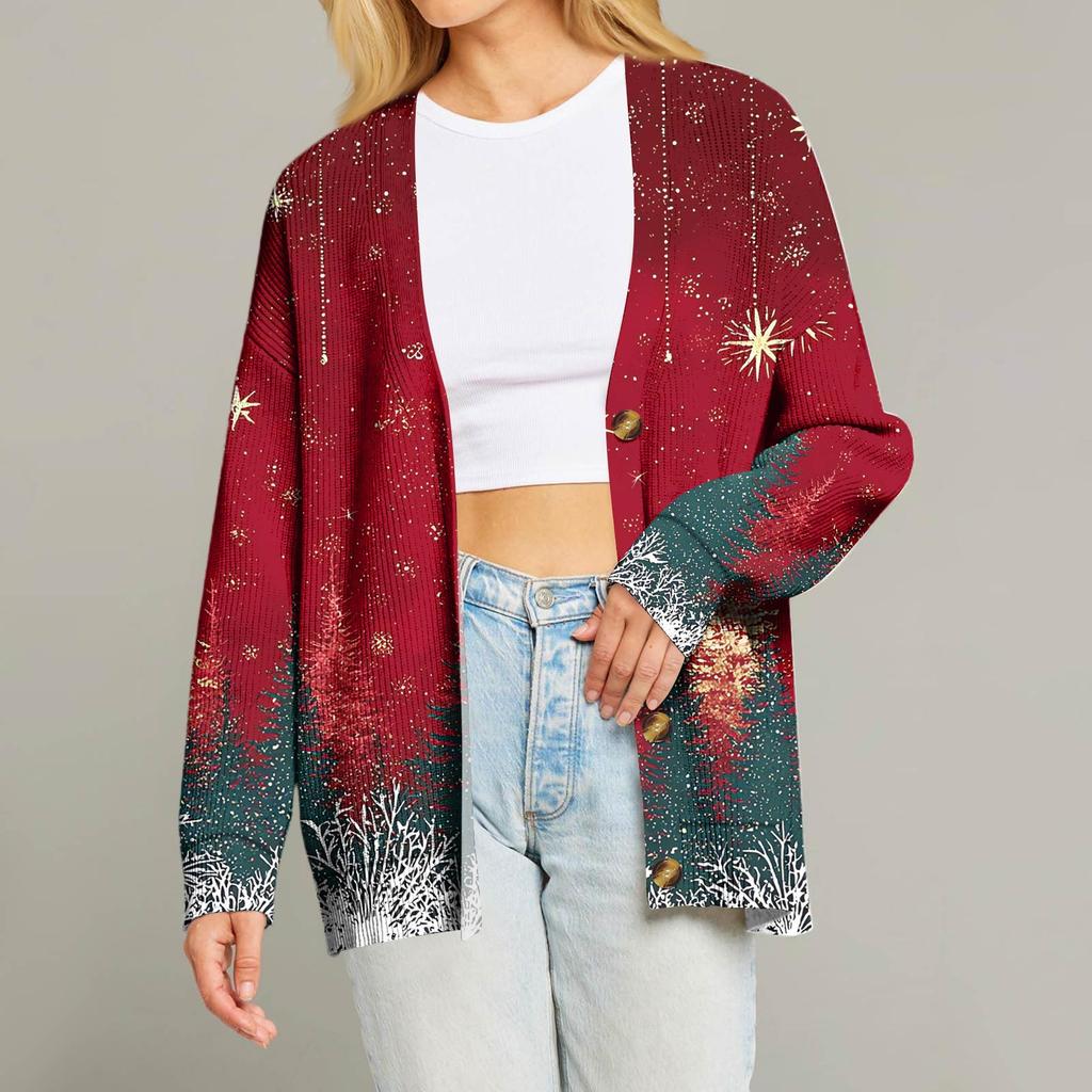 Women's Fashion Long Sleeve Christmas Print V-Neck Button Loose Cardigan Top
