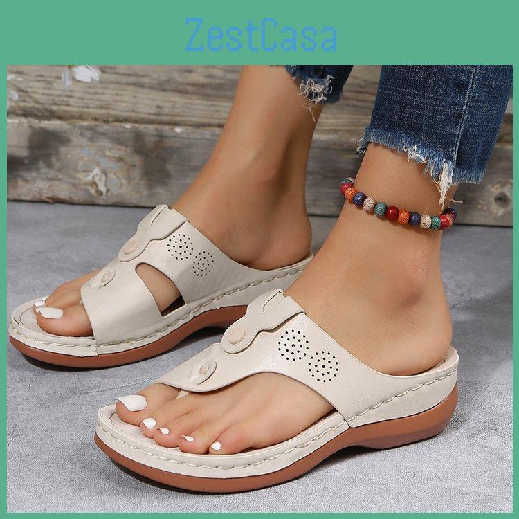 2024 Toe Large Casual Clip Sandals Female Wedge Heel Flat Bottom Beach Sandals Female