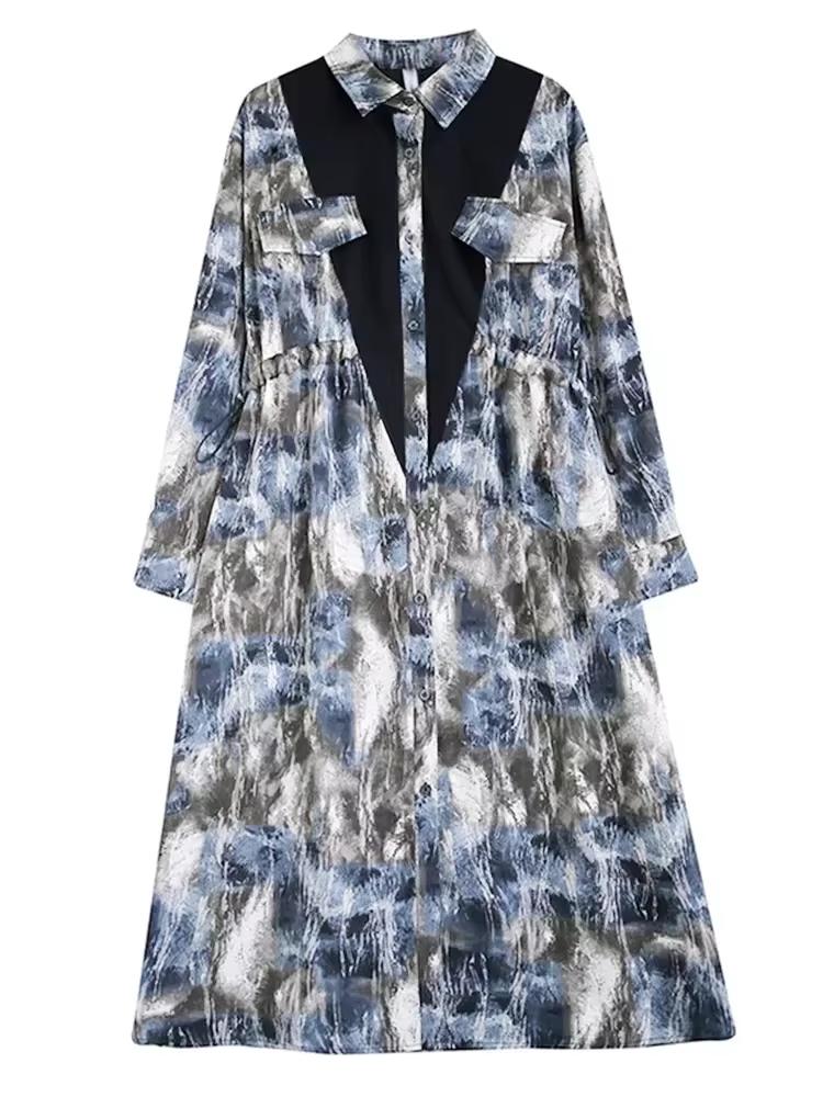 Xitao Volný potisk Patchwork Košile Šaty Ležérní Jednořadové se stahovací šňůrkou Ženy Podzim Nová Jednoduchost Temperamentní šaty DMJ4175