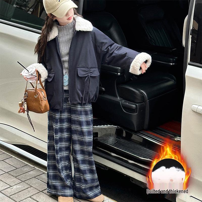 

Girls Autumn/Winter Fur Collar Cotton Parka 2025: Stylish Korean Thickened Coat for Big Children and Middle School Students 140 cm темно-синий