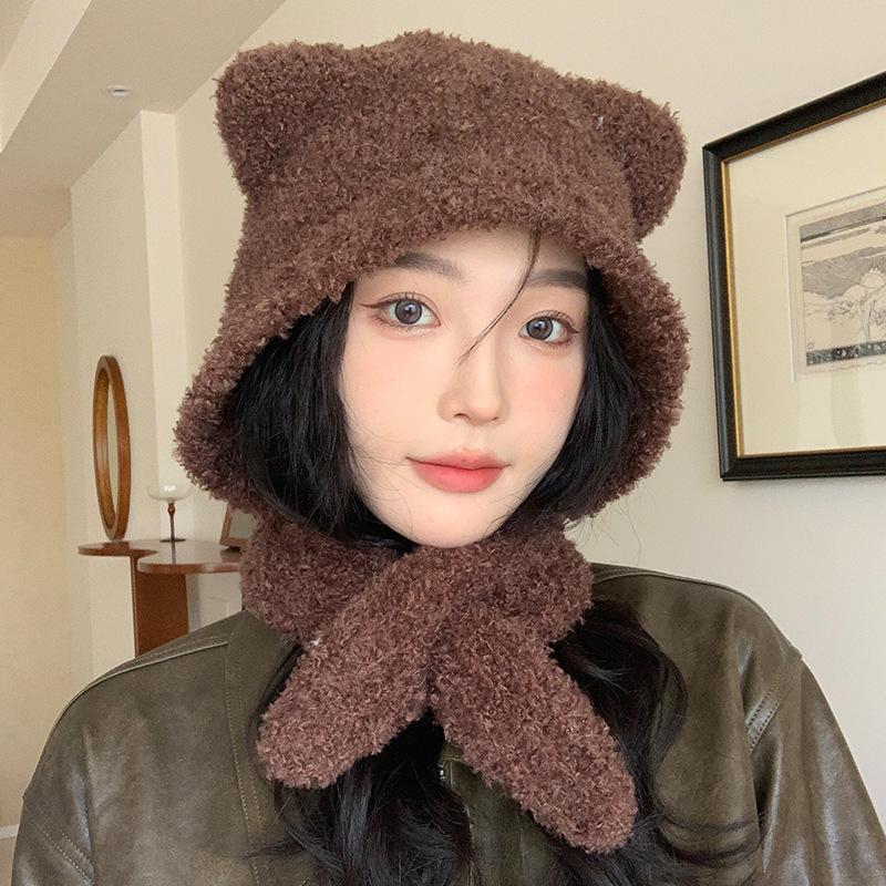 Plush Bear Ears Knitted Hat Women's Autumn and Winter Face Revealing Small Maillard Style Beanie Warm Big Head Cold Hat