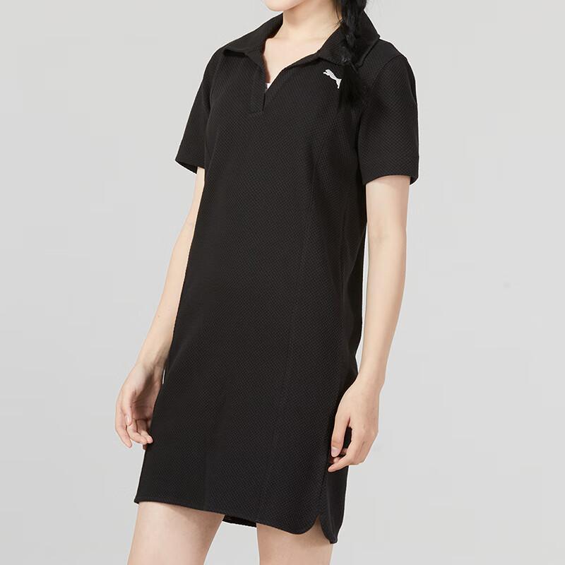 Puma Solid Color Casual Oversized Minimalist Knit Polo Short Sleeve Dress Women's Black