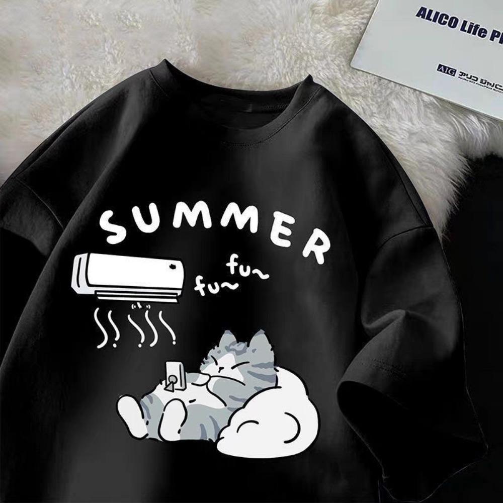 Summer Japanese Cartoon Cute Cat Funny Printed Short-sleeved T-shirt for Ladies and Boys Same Loose Casual Large-size Top