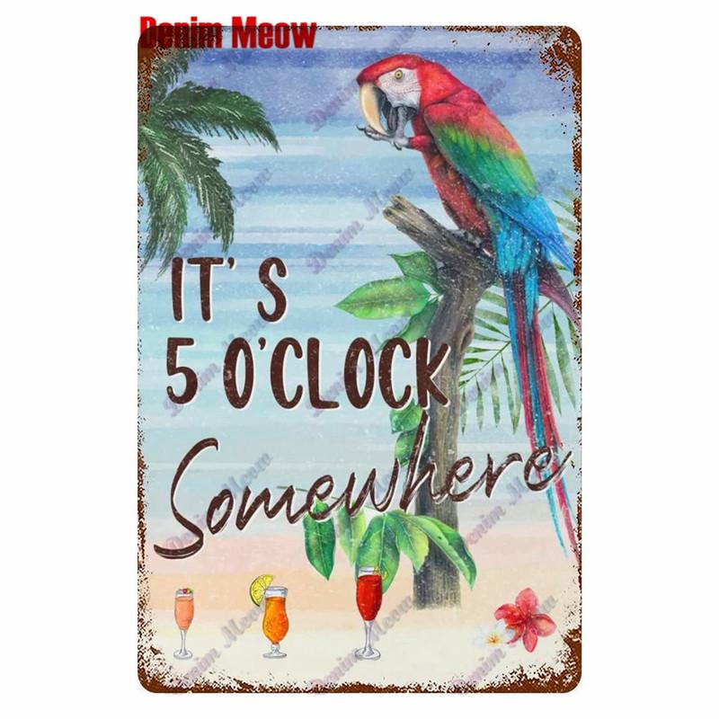 Metal Tin Sign Wall Decor, Vintage Parrot Cocktail Bar Plates, Kitchen Painting Decor, It's 5 O'clock, WY23