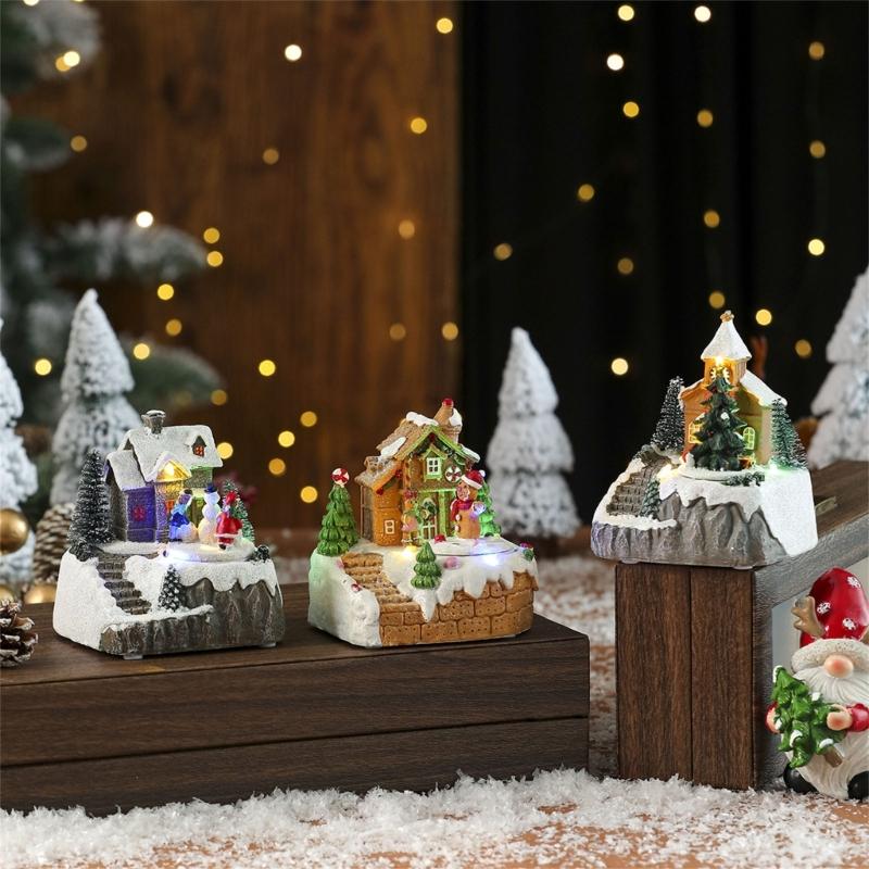LED Illuminated Christmas Rotating Music Box Snow House Scene Ornament Battery Operated Desktop Decoration for Home