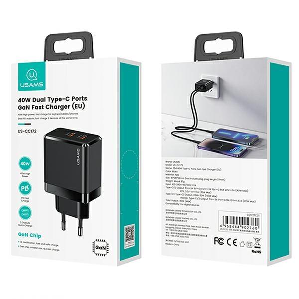 Usams Ład. Siec. 2Xusb-C T54 Gan 40W(Only Head) Pd Fast Charging Czarny/Black Cc172Tc01 (Us-Cc172)