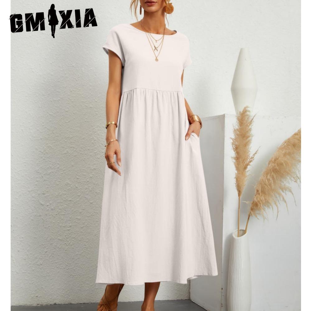 

GMXIA Summer Casual Loose Dress Women Short Sleeve O-Neck A-Line Ladies Dress with Pocket Office Ladies Cotton Linen Dresses S білий