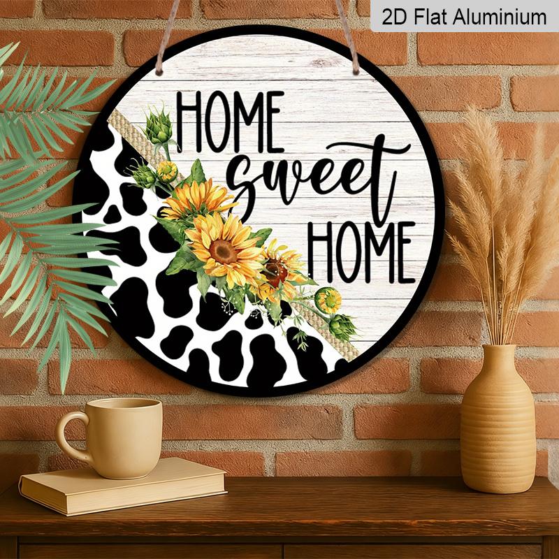 2D Flat, 1pc Round Aluminum "Home Sweet Home" Metal Sign, Rustic Cow Print & Sunflower Farmhouse Wall Plaque, Waterproof & Rustproof, Perfect for