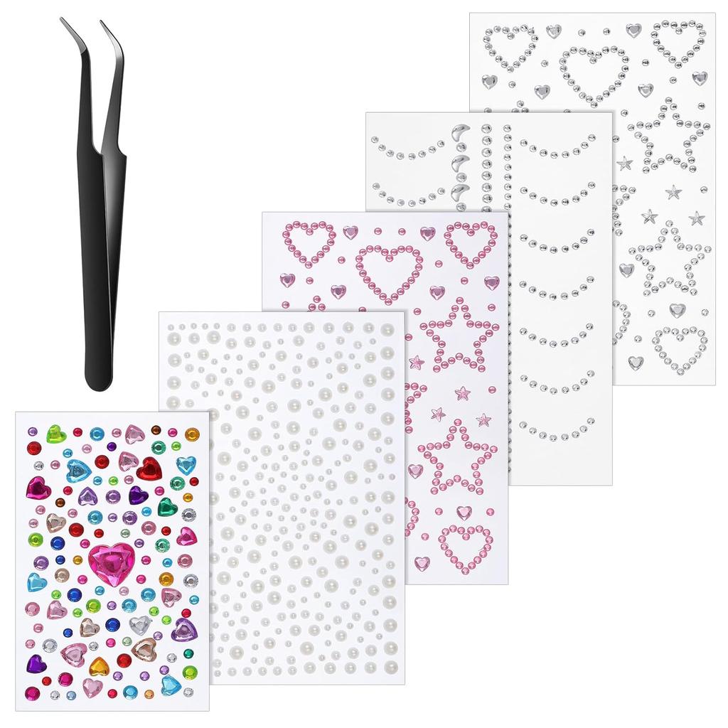 5 PCS Self Adhesive Face Gems Rhinestones Pearl Stickers Face Gems Heart Star Moon Shape Jewels Rhinestone Stickers Hair Accessories for Faces Eye