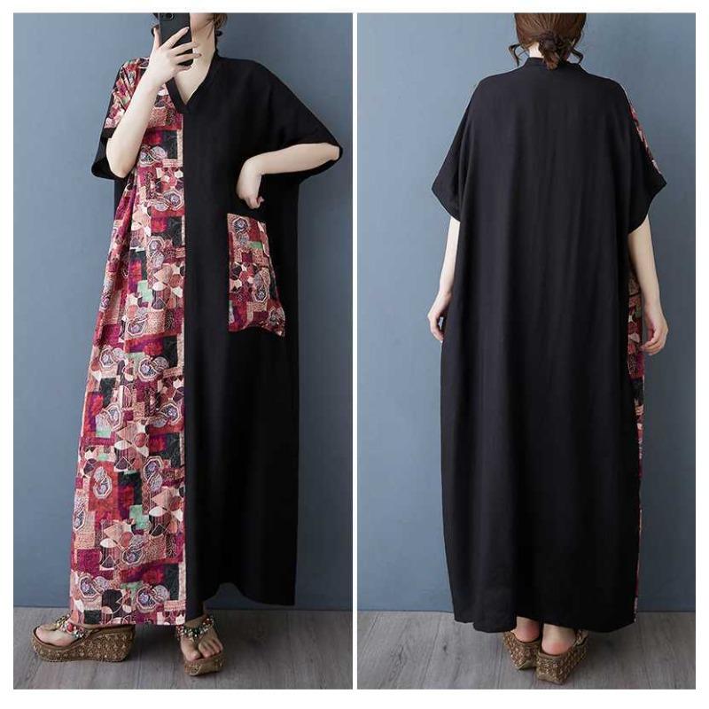 Color Patchwork Black Long Dress Retro Robe
