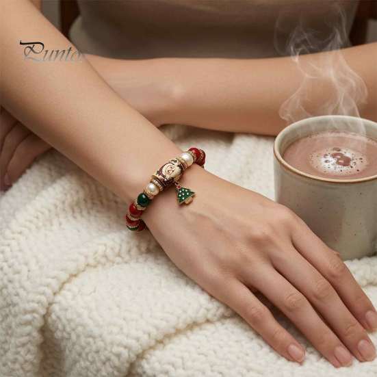 Festive Holiday Charm Bracelet Christmas Bracelet, Elastic Stretch Beaded with Xmas Jewelry Collection Tree Charm, Gifts for Women Men Santa Claus