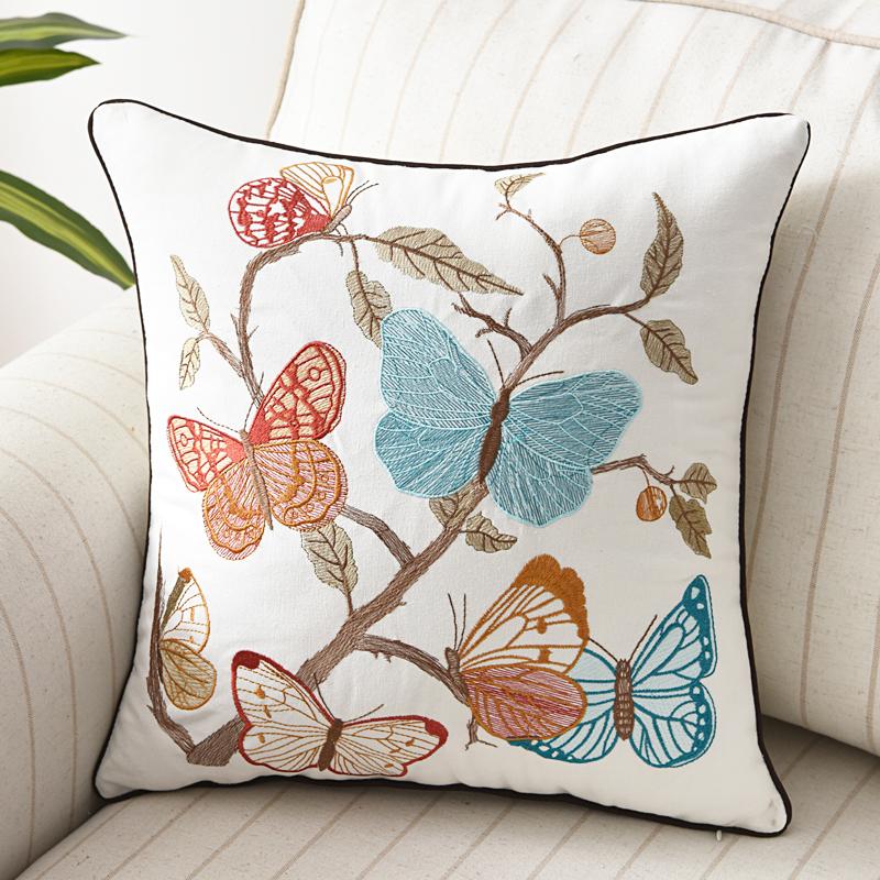 Butterfly Cushion Cover 45x45cm Floral Country Style Pillow Cover Cotton Embroidery Suqare Home decoration for Living Room