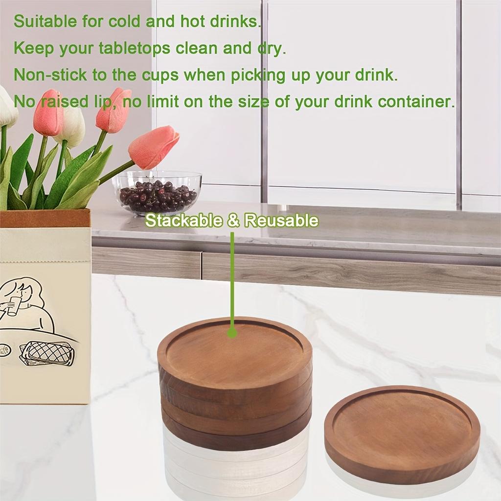 5 Natural Wooden Beverage Coaster Sets (with Coaster Holder) - A Modern Countryside Coffee Table Decoration for Home and Office Use
