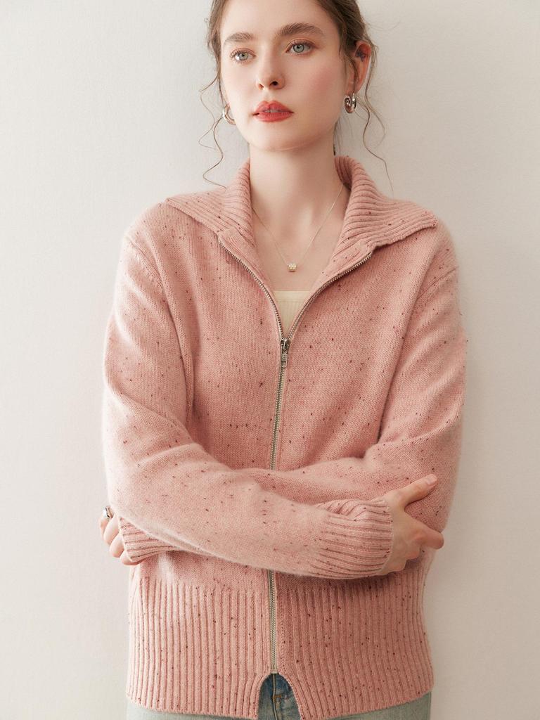 Women's Heavyweight Cashmere Dotted Knit Cardigan - High Neck, Long Sleeve, Zipper, Warm, Loose, Comfortable