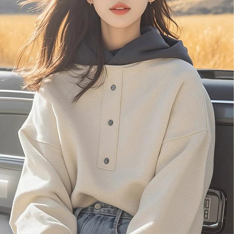 Beige Contrasting Hooded Sweatshirt In Winter New Small-sized Design Niche Fashionable Top