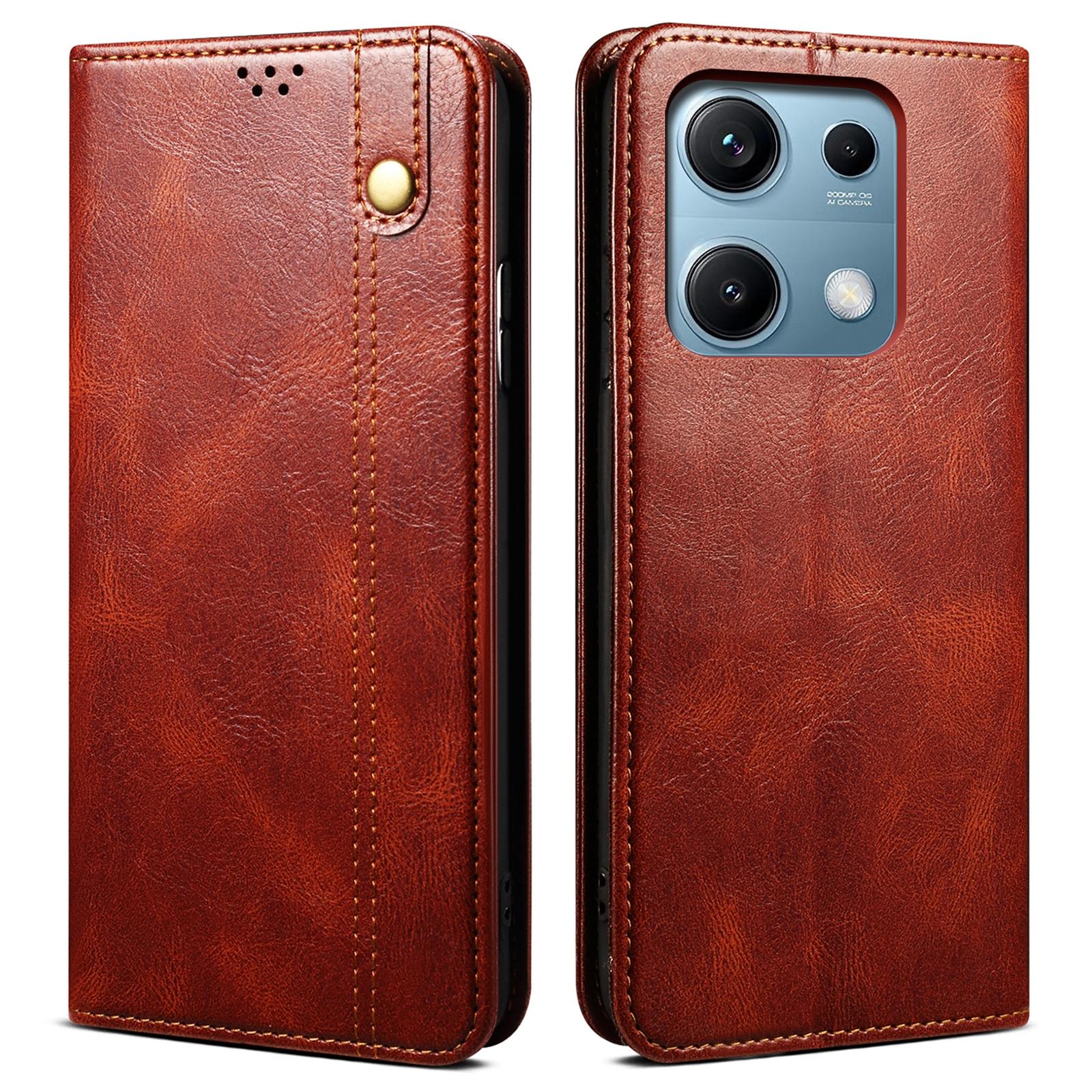 

Для Xiaomi Redmi Note 14S 4G Чохол Текстура Crazy Horse Вощена Шкіра Гаманець Підставка Чохол для Телефону Brown