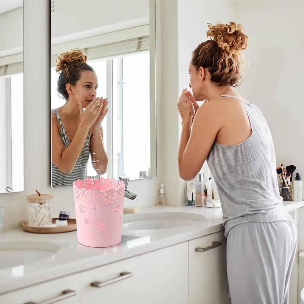 Mini Wastebasket 1.8 Gallons Small Pink Trash Can Room Decor Hollow Flower Shape Plastic Lidless Round Garbage Container Bin for Bathroom, Kitchen,