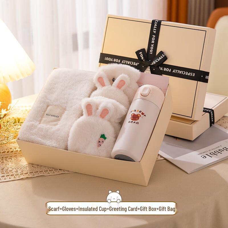 AQ Mother s Day Winter Warmth Gift Set White Scarf, Thermos, Gloves