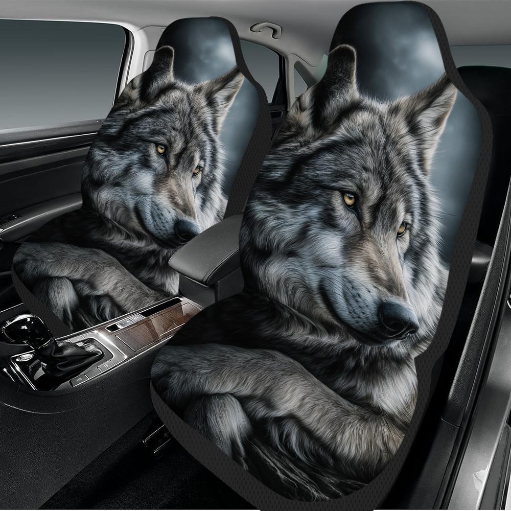 2pcs Majestic Wolf Portrait Car Seat Cover Set – High-Quality, Trendy Seat Protectors, Enhanced Comfort, Durable Design, Fit F