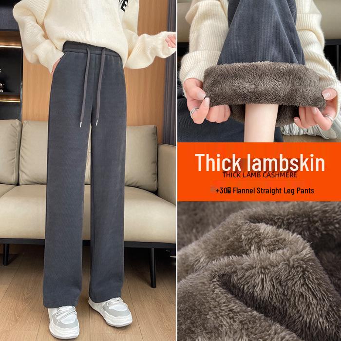 

Women s High-Waisted Khaki Wide-Leg Lambswool Pants with Velvet Lining for Autumn/Winter. 2XL