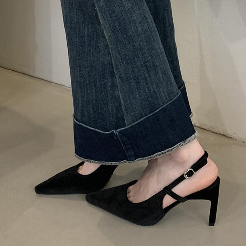 Street Style Sexy Back Buckle Strap Women Pumps Stripper Sandals Solid Black Pointed Toe Slingback High Heels Female Shoes