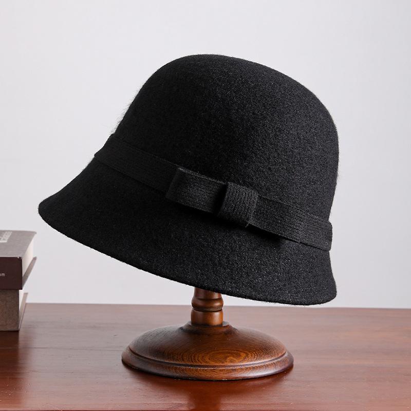 Vintage and Elegant 100% Wool Bow Top Hat for Women's Autumn and Winter New High-quality Warm Fisherman Hat Basin Hat