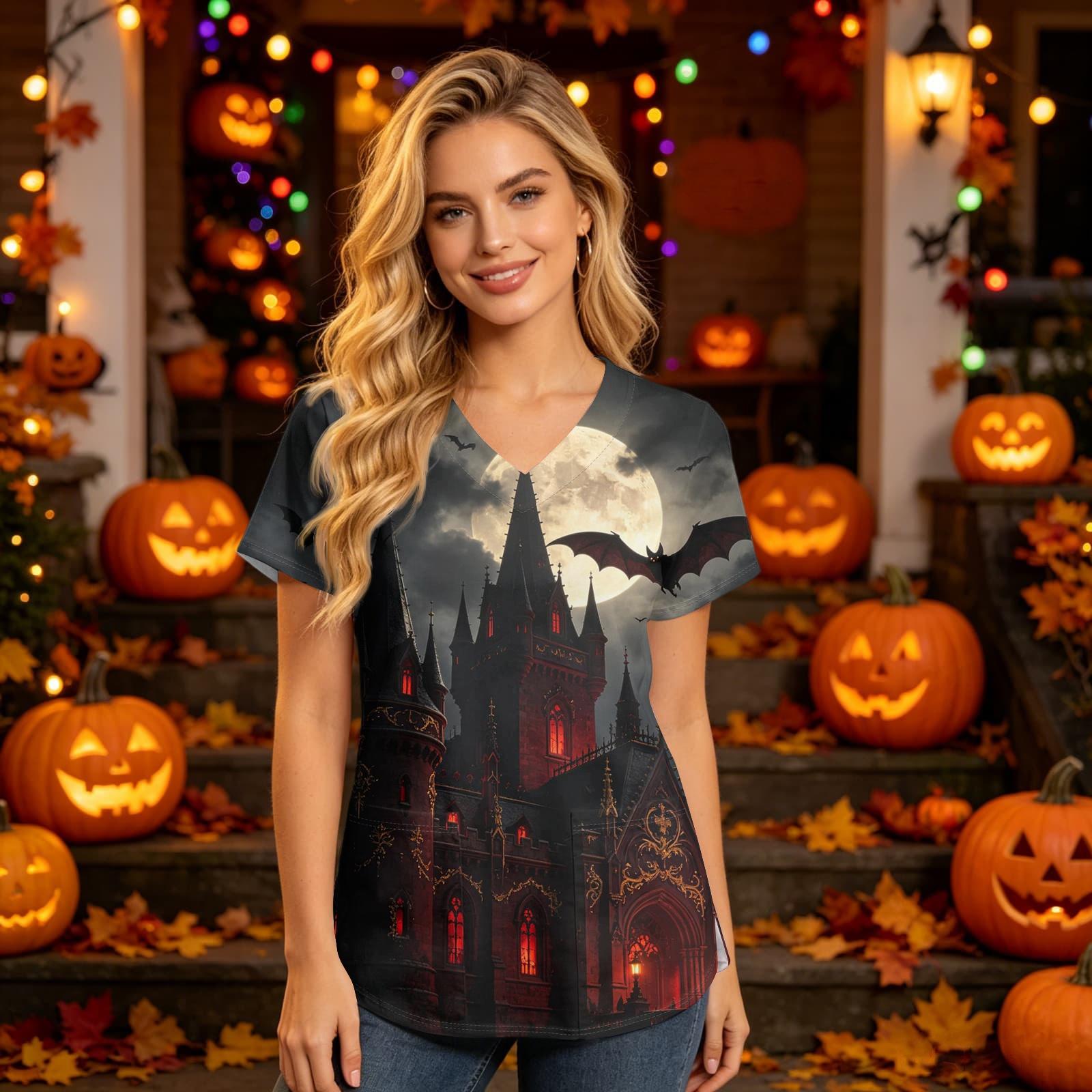 Women s V Neck Short Sleeve Scrub Top with Pockets Halloween Print XXL