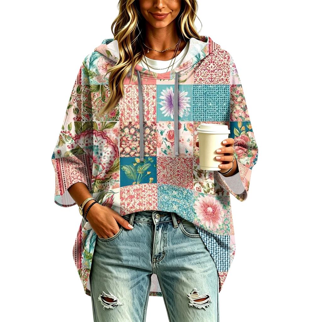 Women's Three-Quarter Sleeve Hooded Pullover Top with Patchwork Print for Casual Wear