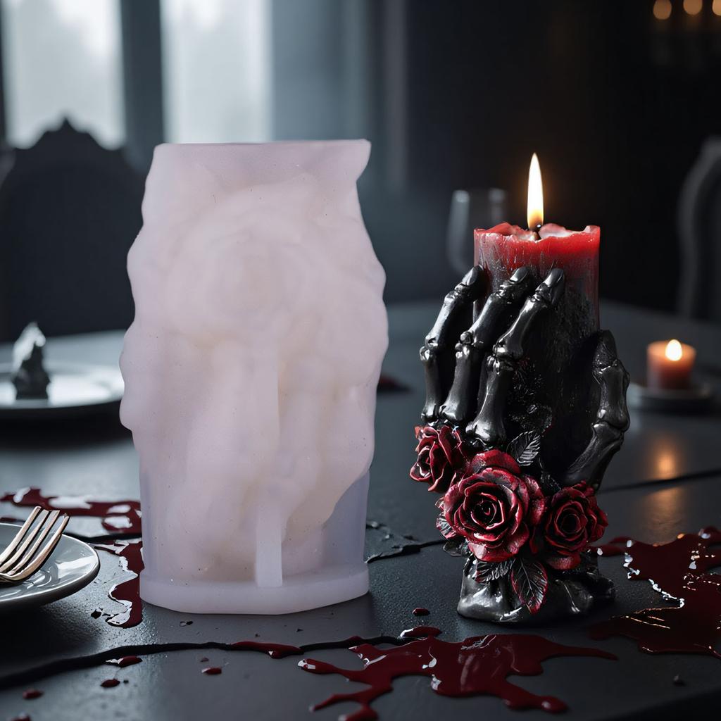 Relief Rose Skeleton Hand Silicone Candle Mold 3D Spooky Hold Skull Plaster Resin Mold DIY Handmade Halloween Gothic Decor Craft