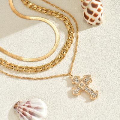 Gold Cross Necklace, Multi-layer Stacked Diamond-encrusted Jewelry, Female Creative Simple Alloy Necklace