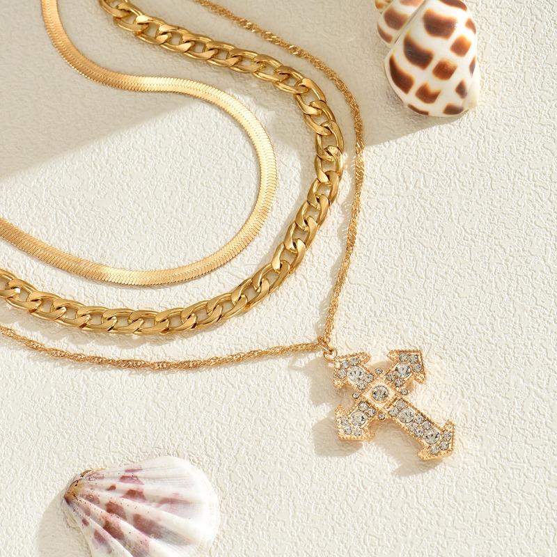 Gold cross necklace, multi-layer stacked diamond-encrusted jewelry, female creative simple alloy necklace
