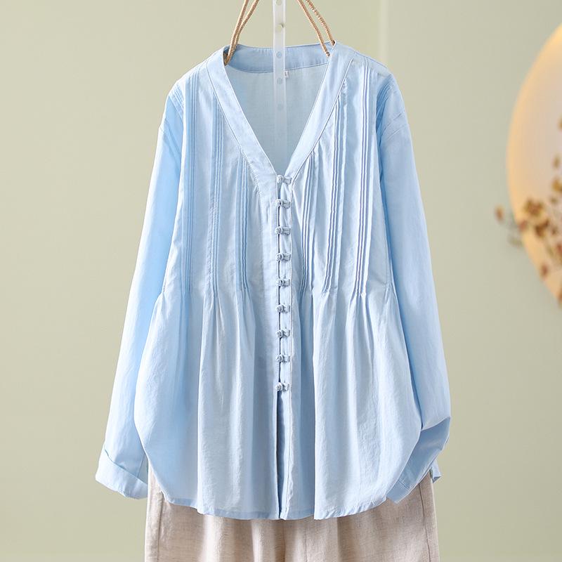 Blue Cotton Linen V-neck Women s Cardigan - New Chinese Style, Light, Loose, Pleated Design XL