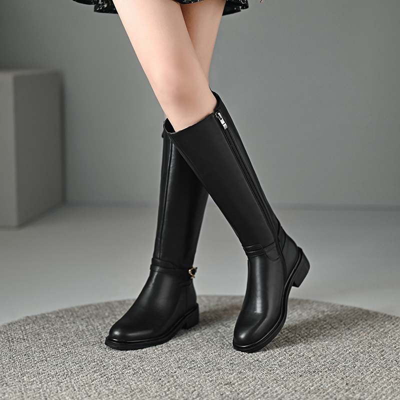 Krazing Pot Piele de vaca Pantofi Toamna Iarna Toc Mediu Gros Marime 45 Marime 44 Piele Incrucisata Femei Mentine Caldura Cizme inalte pe coapsa