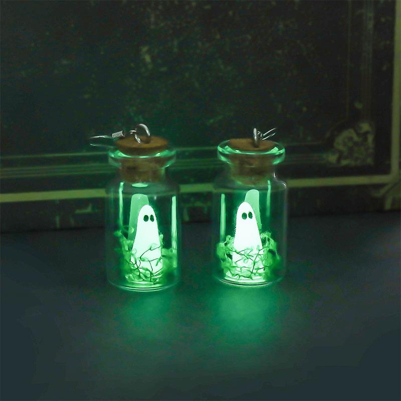 Halloween Drifting Bottle Night Glow Ghost Necklace Ear Pendants Ring Creative Design Trendy Cartoon Ghost Necklace Jewelry Gift