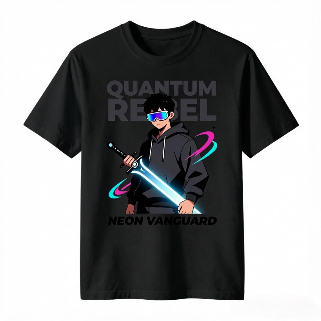Quantum Rebel Neon Vanguard Anime Guy With Lightsaber Print Tshirt Unisex Unisex Casual Cotton Tee Short Sleeve Cyberpunk Tops S
