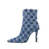 Fashion Kaky's new denim pointed high heel plaid oversized women's boots short boots 44 45 46